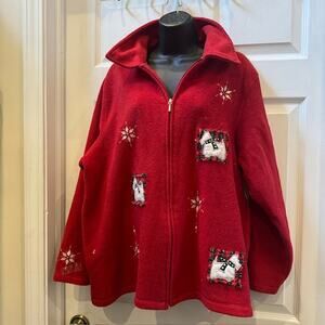 Ugly Fleece Christmas Jacket with dog and snowflakes on it